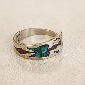 Vtg Navajo Natove American Silver and Turquoise & Coral Bird Inlay Ring 7.5
